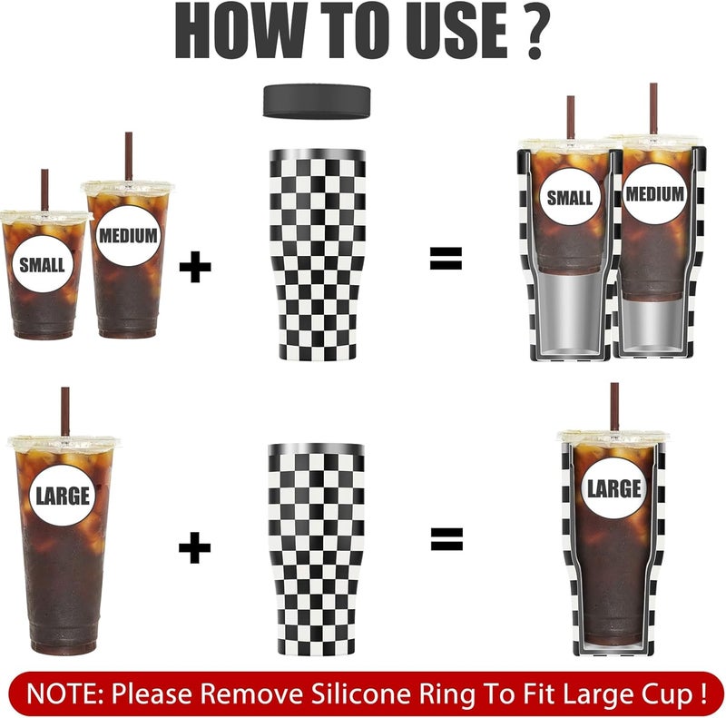 Niceyos Universal Iced Coffee Sleeve - Insulated Double Wall Reusable Stainless Steel Holder Sleeves Insulator for Cold Drinks Fits Small Medium Large To Go Cups Gifts for Men Women Him Her (Black Checkered) - Image 2